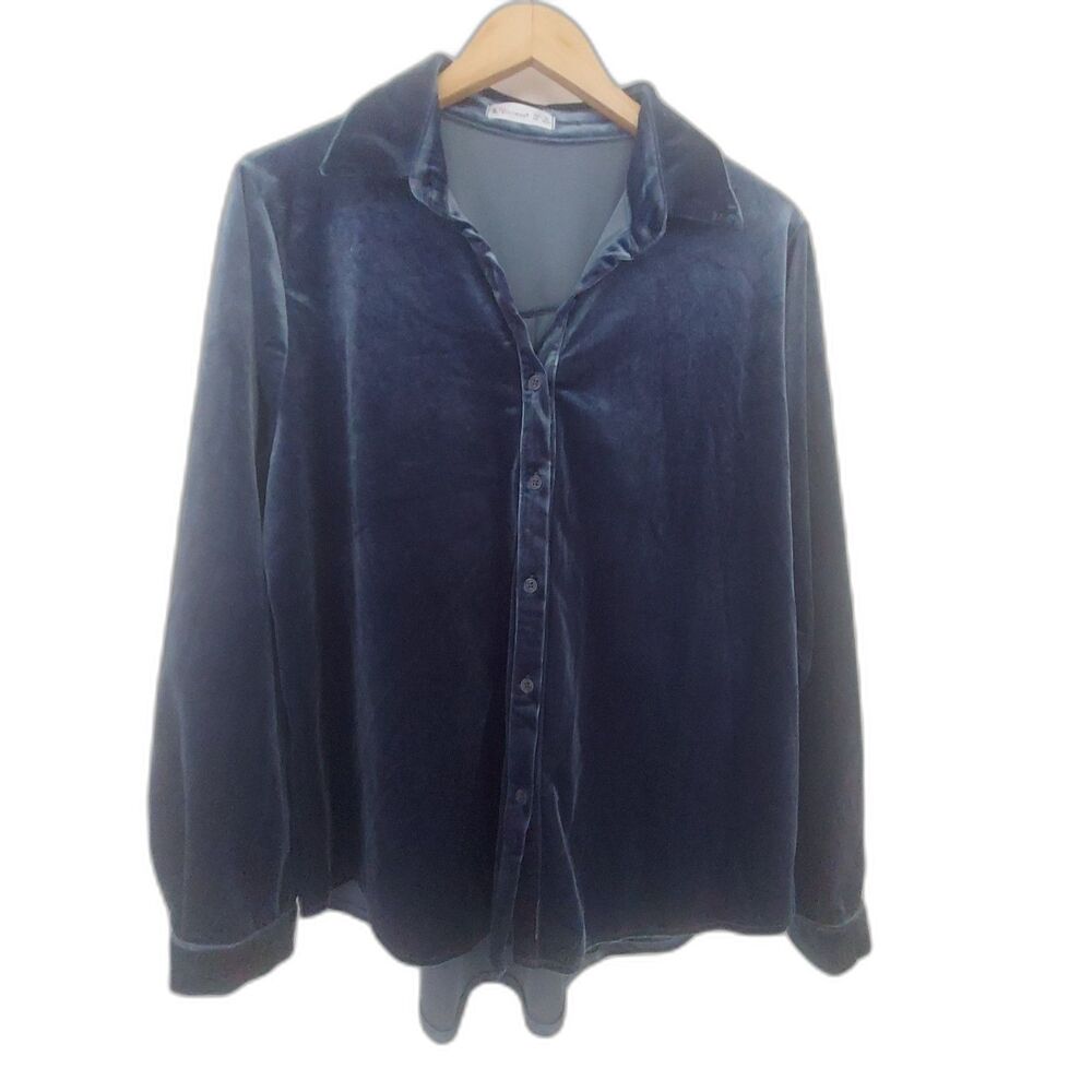 R. Vivimos XL Button Up Top Shirt Womens Large Blue Velour Velvet